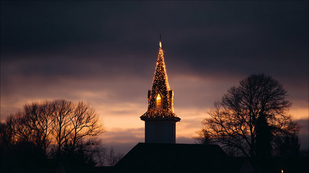 Christmas tree in the church at sunset with a dramatic sky and cloudsの素材