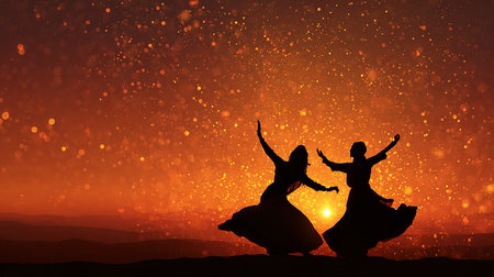 Silhouette of couple dancing indian dance in the night.の素材