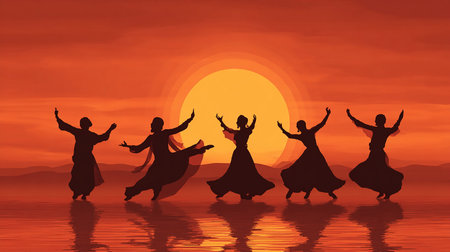 Silhouettes of dancing people on a sunset background. Vector illustration.の素材