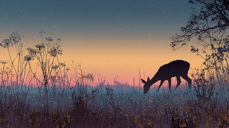 Silhouette of a deer in a meadow at sunset.の素材