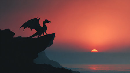 Dragon on the cliff at sunset. 3d rendering. Computer digital drawing.の素材
