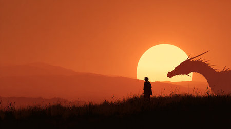 Silhouette of a boy with a dragon in the mountains at sunsetの素材