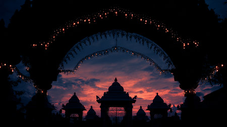 Silhouette of arch with lights at sunset, Jaipur, Indiaの素材