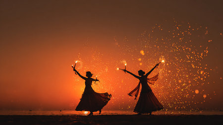 Silhouette of two women dancing on the beach at sunset.の素材