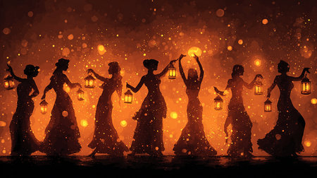 Silhouette of a group of women with lanterns in the nightの素材