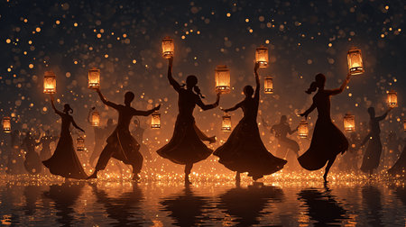 Silhouette of a group of people dancing with lanterns in the nightの素材