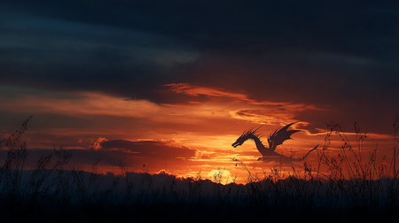 Silhouette of a horse flying over the grassland during sunsetの素材