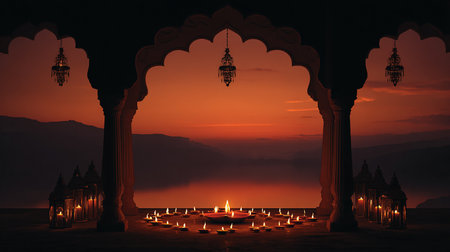 Illustration of Ramadan Kareem background with mosque and lanterns.の素材