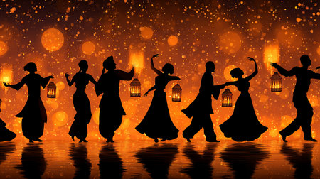 Silhouette of people dancing in the night with lanterns.の素材