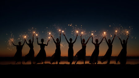 Silhouette of a group of people dancing in the evening.の素材