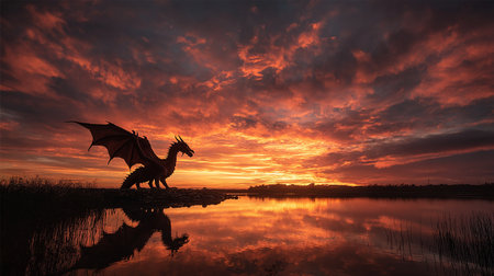 Dragon at sunset with reflection in water. 3d render. Illustration.の素材