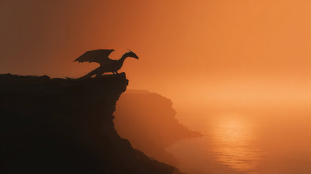 Silhouette of a pelican on the cliff at sunset.の素材