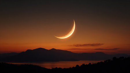 Moon over Lake Garda at Sunrise, Lombardy, Italy.の素材
