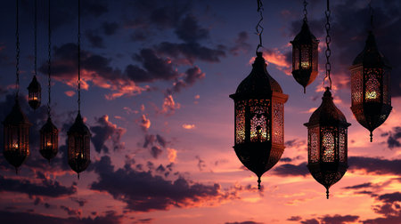 Arabic lanterns at sunset, Ramadan Kareem, Eid al-Adhaの素材