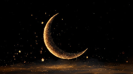 Crescent moon with stars on black background. Ramadan Kareem.の素材