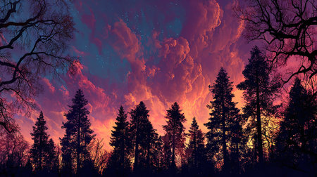 Fantasy landscape with trees and sky. 3d illustration. Nature background.の素材
