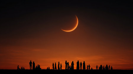 Silhouette of people and a crescent moon at sunset.の素材