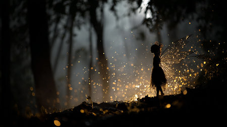 Silhouette of a fairy with wings in the forest at nightの素材