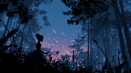 Fantasy fairy tale scene with silhouette of a girl in the forest with magic wandの素材