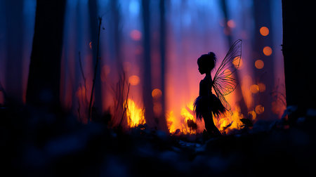 Fantasy silhouette of a fairy standing in the forest at night. Fairy tale scene. Selective focusの素材