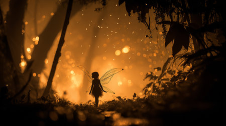 Silhouette of a fairy tale dragonfly in the forest at nightの素材