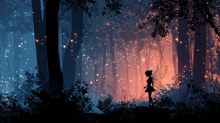 Silhouette of a girl in a fairy forest. Vector illustration.の素材