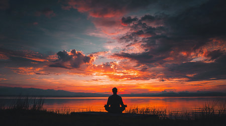 Man meditating on the lake at sunset. Yoga and meditation conceptの素材
