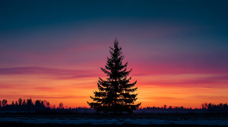 Fir tree silhouette at sunset in winter. Beautiful nature landscape.の素材