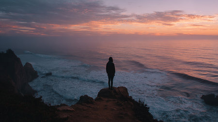 A silhouette of a man standing on the edge of a cliff watching the sunset over the oceanの素材