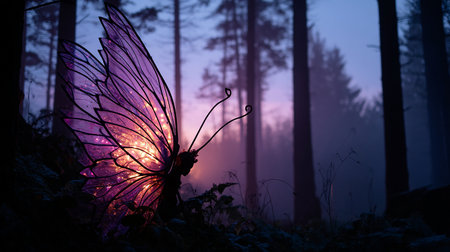 Silhouette of a butterfly in the forest at night with fogの素材