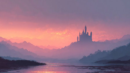 Magic foggy castle on the lake at sunrise. 3d renderingの素材