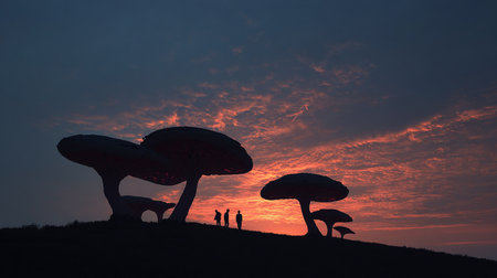 Silhouette of group of mushrooms on a hill at sunset.の素材