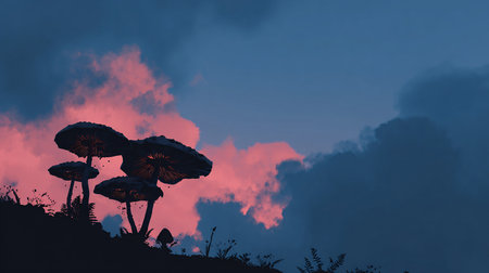 Fantasy landscape with mushrooms in the sky.3d illustration.の素材