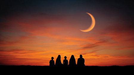 Silhouette of Muslim family at sunset with a crescent moonの素材