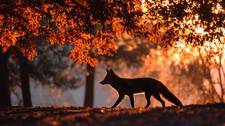 Red fox in the forest at sunset. Wildlife scene from nature.の素材