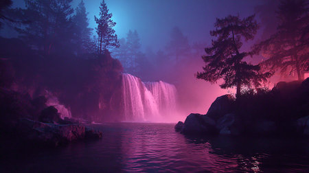 Foggy waterfall in the forest at night. Beautiful nature backgroundの素材
