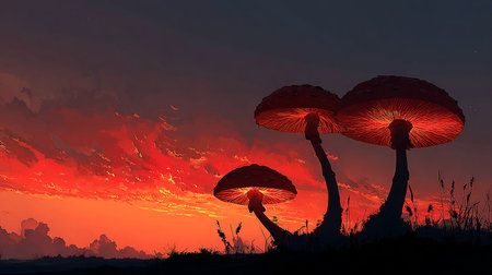 Fantasy landscape with mushrooms at sunset. 3d render illustration.の素材