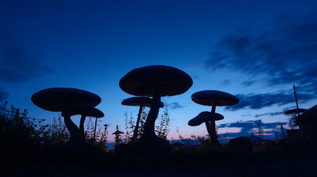 silhouette of mushrooms in the park at night, Thailand.の素材