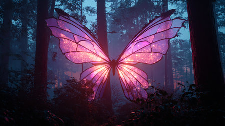 Fantasy glowing butterfly in the dark forest. 3D Renderingの素材