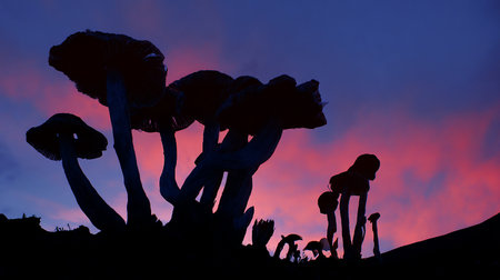 Silhouette of a group of mushrooms in the forest at sunset.の素材