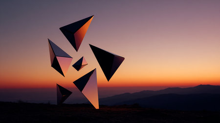 3d rendering of origami triangles on the top of the mountainの素材