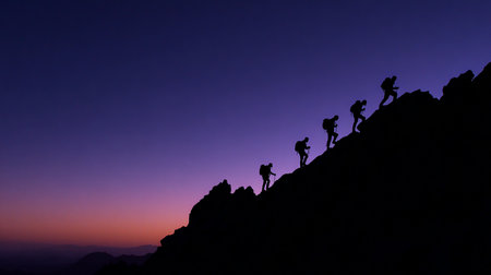 Silhouette of a group of people climbing a mountain at sunsetの素材