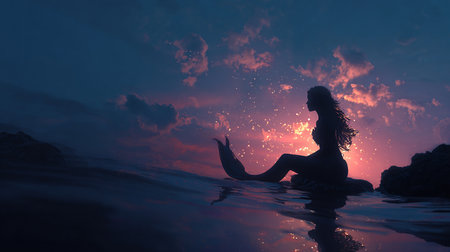 Silhouette of a beautiful woman in the sea at sunset.の素材