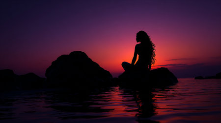 Silhouette of a woman sitting in the water at sunset.の素材