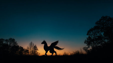 Silhouette of a galloping rooster against a sunset skyの素材