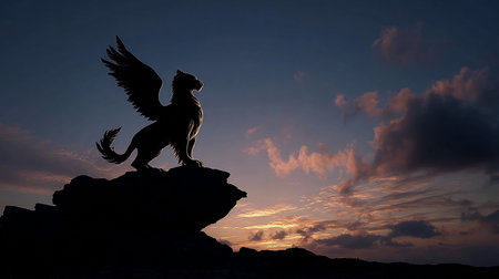 3d rendering of an eagle on top of a rock at sunsetの素材