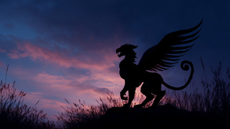 Silhouette of a lion with wings on a background of the skyの素材