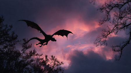 Silhouette of a dragon flying over the forest at sunset.の素材