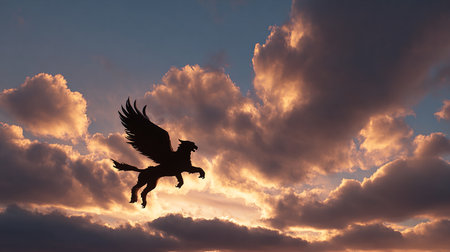 Silhouette of an eagle flying in the sunset sky with cloudsの素材