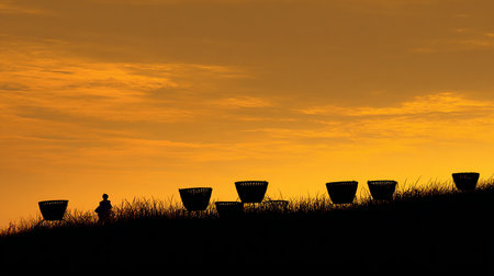 Silhouette of baskets on the hill at sunset, Thailand.の素材